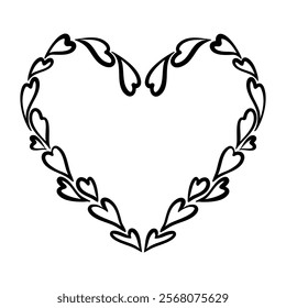 Vector heart frame illustration in line art style. Graphic monochrome drawing. Hand drawn heart outline sketch, ink illustration. Design element for wedding invitation, Valentines day card, tattoo