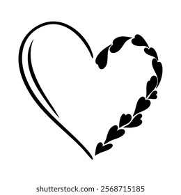 Vector heart frame illustration in line art style. Graphic monochrome drawing. Hand drawn heart outline sketch, ink illustration. Design element for wedding invitation, Valentines day card, tattoo