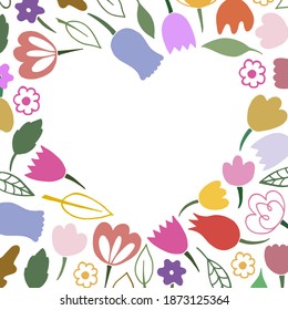 Vector heart frame made of flowers. Valentine's day card, wedding or birthday invitation. For design of romantic themes