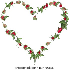 El marco vectorial del corazón de las flores rojas aisladas en un fondo blanco. Plantilla de postal de felicitación romántica. Ideal para bodas, amantes, para el Feliz Día de San Valentín. Guardar el diseño de la tarjeta de vacaciones