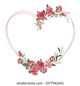 Vector heart frame with watercolor red roses. Vintage floral elements. Wedding. Valentines day. Love. Use for decoration, cards, frames, flyers, banners, invitations, greetings, messages, etc. 