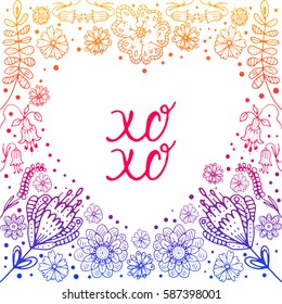 Vector heart frame, XO XO wreath made of doodle flowers. Heart decoration. Spring elements. Floral doodles wreath.