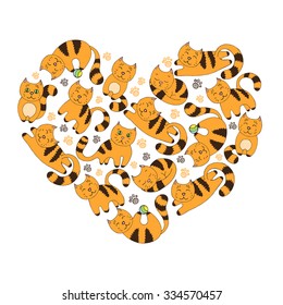 Vector heart full of cute cats in different poses sleeping, playing, standing. Abstract cats isolated on white.