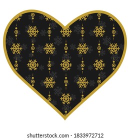 Vector heart with gold snowflakes pattern inside. Isolated decorative heart with Christmas pattern.