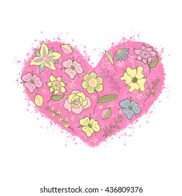 vector heart in grunge style, filled with decorative flowers, floral background