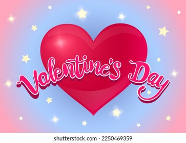 Vector heart   hand drawing lettering pink abstract background and stars  Cute heart in kawaii style for Valentine's day 