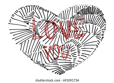 Vector heart. Hand drawn abstract heart isolated on white background. Template for greeting card, postcard, print.