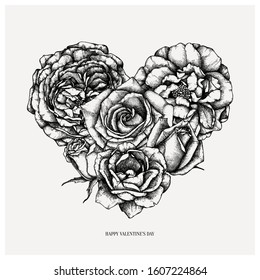 Vector heart with hand drawn roses sketches. Vintage flower illustrations for Valentine's day greeting card, poster, invitation, flyer template. Floral heart design in engraved style.