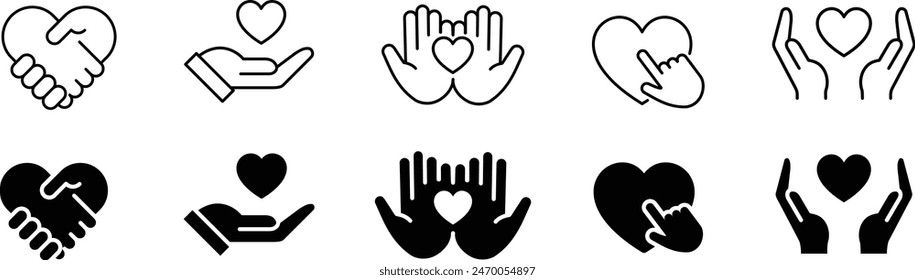 Vector Corazón y Mano Monocromo Conjunto de iconos