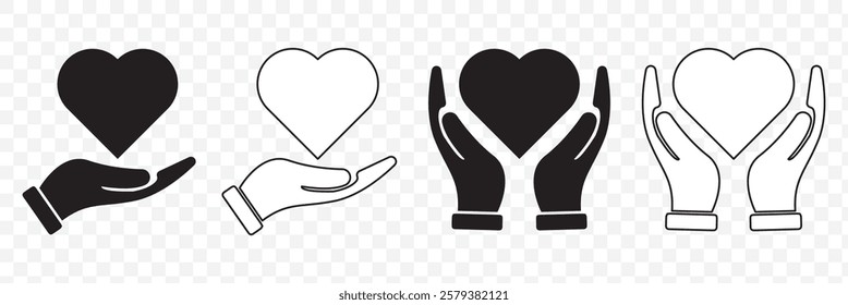 Vector Heart and Hand Monochrome Icon Set. Hands making mini heart symbol icon. Mini finger heart line icons set. Hand with love icon vector illustration. Eps 10.
