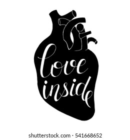 Vector heart, hand-drawn illustration with handwritten text Love inside. Design for Valentines day.
