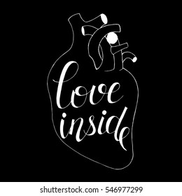 Vector heart, hand-drawn illustration with handwritten text Love inside. Design for Valentines day.