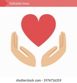 Vector heart and hands.  Drawing of two hands and heart. Flat design. Red heart illustration.