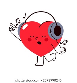 Vector heart in headphones dancing or listening music. Icon of love character dance. Symbol for Valentines day or lover holiday. Romance and affection, romantic relationship expression. Emotion.