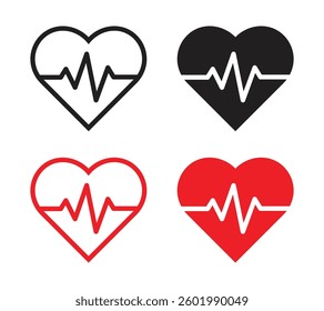 Vector Heart With Heartbeat Icon Set