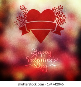 Vector heart with herbs and ribbon on blurred background. Blurred template. Invitation card in a tribal style. Holiday backdrop. Wedding invitation. Valentine's Day.  Heart label design