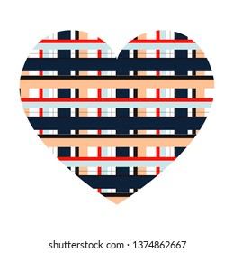 Vector heart with horizontal and vertical crossed stripes pattern isolated on white background.