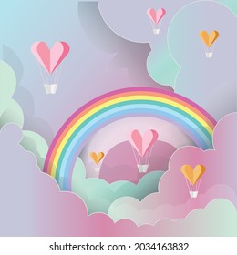 Vector of heart hot air balloons, with rainbow and blue and pale purple clouds. graphic decor print, love and nature design background concept digitally generated image.