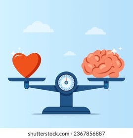 Vector de un corazón y un cerebro humano a escalas. Concepto de inteligencia emocional, equilibrio de sentimientos e inteligencia, lógica 