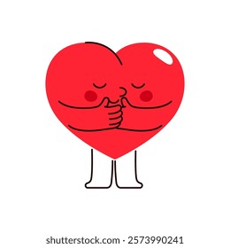 Vector heart icon character stand or hug. Isolated cartoon love symbol or comic loving personality. Passion and loving element, romantic and affection clipart. Valentines day holiday sign. Devotion.