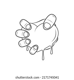 Vector heart icon in hand with black lines. The heart is clenched in the hand and flows with blood.