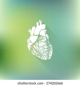 Vector heart icon with long shadow on green blurred background. Medical health symbol.