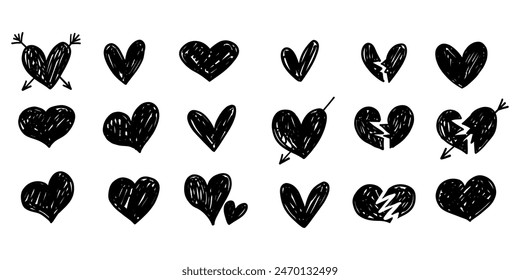 Vector heart icon sketch doodle illustration set with broken heart shape. Black and white monochrome collection