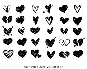 Vector heart icon sketch doodle illustration set with broken heart shape. Black and white monochrome collection