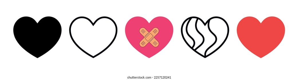Vector Heart Icons Collection, Love Outline and Filled Symbols Set with Wavy Lines, Bandage. Valentine's Day. 