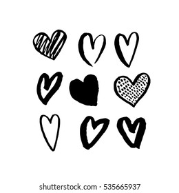 Vector heart icons hand drawn art design for Saint Valentine day. Isolated hearts set pattern. Love sketch symbols. Greeting card design element. Marker or felt-tip pen drawing