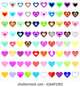 Vector heart icons in multiple color combinations for backgrounds, stickers, greeting cards, wall paper, pattern prints, gift wraps and children's room decor.