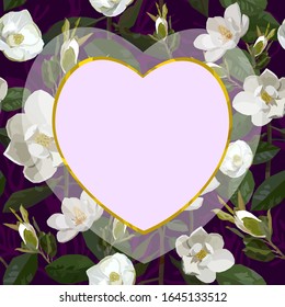 Vector heart illustration frame with magnolia flowers