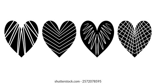 Vector heart illustrations set. Graphic monochrome drawing. Hand drawn heart outline sketch, silhouette ink illustration. Design element for wedding invitation, Valentines day, tattoo, logo