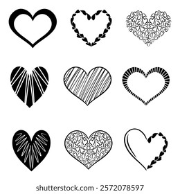 Vector heart illustrations set. Graphic monochrome drawing. Hand drawn heart outline sketch, silhouette ink illustration. Design element for wedding invitation, Valentines day, tattoo, logo