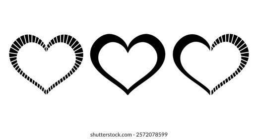 Vector heart illustrations set. Graphic monochrome drawing. Hand drawn heart outline sketch, silhouette ink illustration. Design element for wedding invitation, Valentines day, tattoo, logo