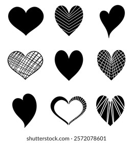 Vector heart illustrations set. Graphic monochrome drawing. Hand drawn heart outline sketch, silhouette ink illustration. Design element for wedding invitation, Valentines day, tattoo, logo