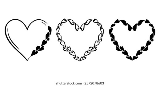 Vector heart illustrations set. Graphic monochrome drawing. Hand drawn heart outline sketch, silhouette ink illustration. Design element for wedding invitation, Valentines day, tattoo, logo