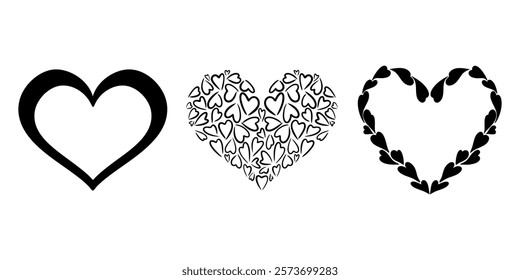 Vector heart illustrations set. Graphic monochrome drawing. Hand drawn heart outline sketch, silhouette ink illustration. Design element for wedding invitation, Valentines day, tattoo, logo