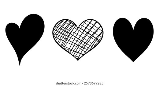 Vector heart illustrations set. Graphic monochrome drawing. Hand drawn heart outline sketch, silhouette ink illustration. Design element for wedding invitation, Valentines day, tattoo, logo