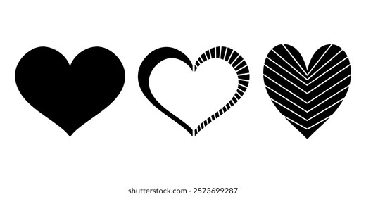 Vector heart illustrations set. Graphic monochrome drawing. Hand drawn heart outline sketch, silhouette ink illustration. Design element for wedding invitation, Valentines day, tattoo, logo