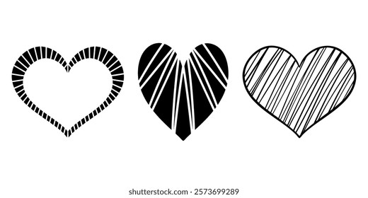 Vector heart illustrations set. Graphic monochrome drawing. Hand drawn heart outline sketch, silhouette ink illustration. Design element for wedding invitation, Valentines day, tattoo, logo