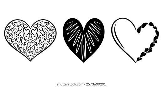 Vector heart illustrations set. Graphic monochrome drawing. Hand drawn heart outline sketch, silhouette ink illustration. Design element for wedding invitation, Valentines day, tattoo, logo