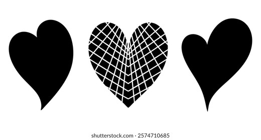 Vector heart illustrations set. Graphic monochrome drawing. Hand drawn heart outline sketch, silhouette ink illustration. Design element for wedding invitation, Valentines day, tattoo, logo