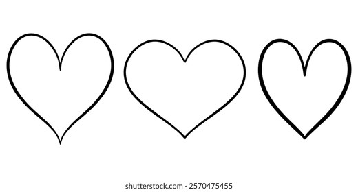 Vector heart illustrations set in line art style. Graphic monochrome drawing. Hand drawn heart outline sketch, ink illustration. Design element for wedding invitation, Valentines day, tattoo, logo