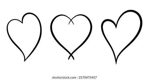 Vector heart illustrations set in line art style. Graphic monochrome drawing. Hand drawn heart outline sketch, ink illustration. Design element for wedding invitation, Valentines day, tattoo, logo