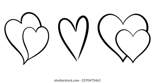 Vector heart illustrations set in line art style. Graphic monochrome drawing. Hand drawn heart outline sketch, ink illustration. Design element for wedding invitation, Valentines day, tattoo, logo