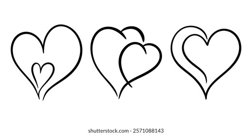 Vector heart illustrations set in line art style. Graphic monochrome drawing. Hand drawn heart outline sketch, ink illustration. Design element for wedding invitation, Valentines day, tattoo, logo