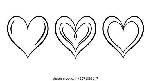 Vector heart illustrations set in line art style. Graphic monochrome drawing. Hand drawn heart outline sketch, ink illustration. Design element for wedding invitation, Valentines day, tattoo, logo