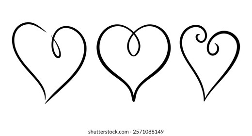 Vector heart illustrations set in line art style. Graphic monochrome drawing. Hand drawn heart outline sketch, ink illustration. Design element for wedding invitation, Valentines day, tattoo, logo