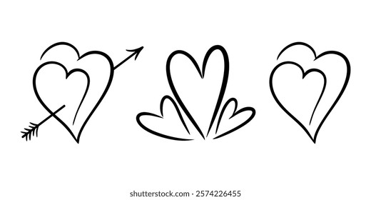 Vector heart illustrations set in line art style. Graphic monochrome drawing. Hand drawn heart outline sketch, ink illustration. Design element for wedding invitation, Valentines day, tattoo, logo